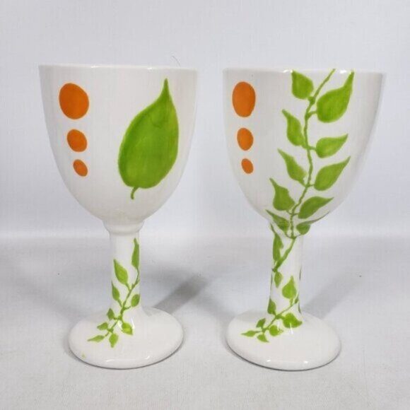Hand Painted Ceramic Wine Glasses Goblets 12 oz White Glazed Botanical S… - Picture 2 of 13